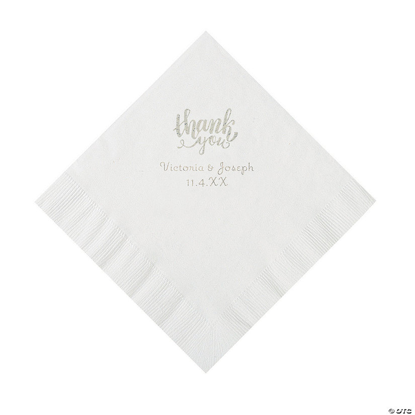 White Thank You Personalized Napkins with Silver Foil - Luncheon Image Thumbnail