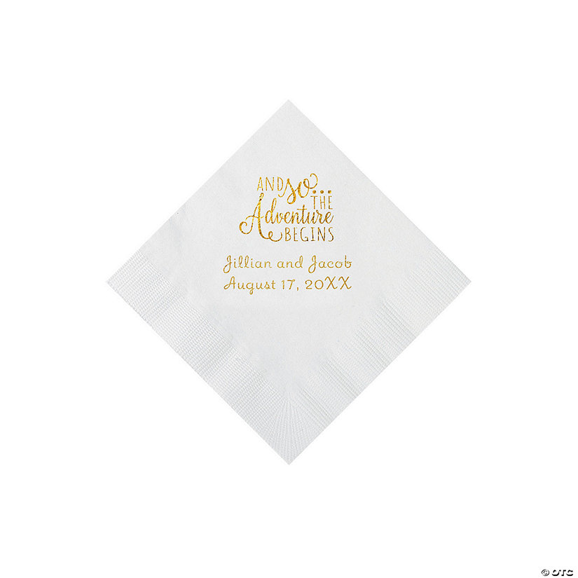 White The Adventure Begins Personalized Napkins with Gold Foil - Beverage Image Thumbnail