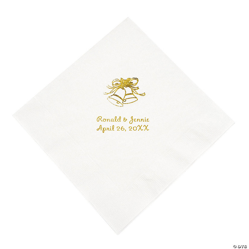 White Wedding Bells Personalized Napkins with Gold Foil - Luncheon Image Thumbnail