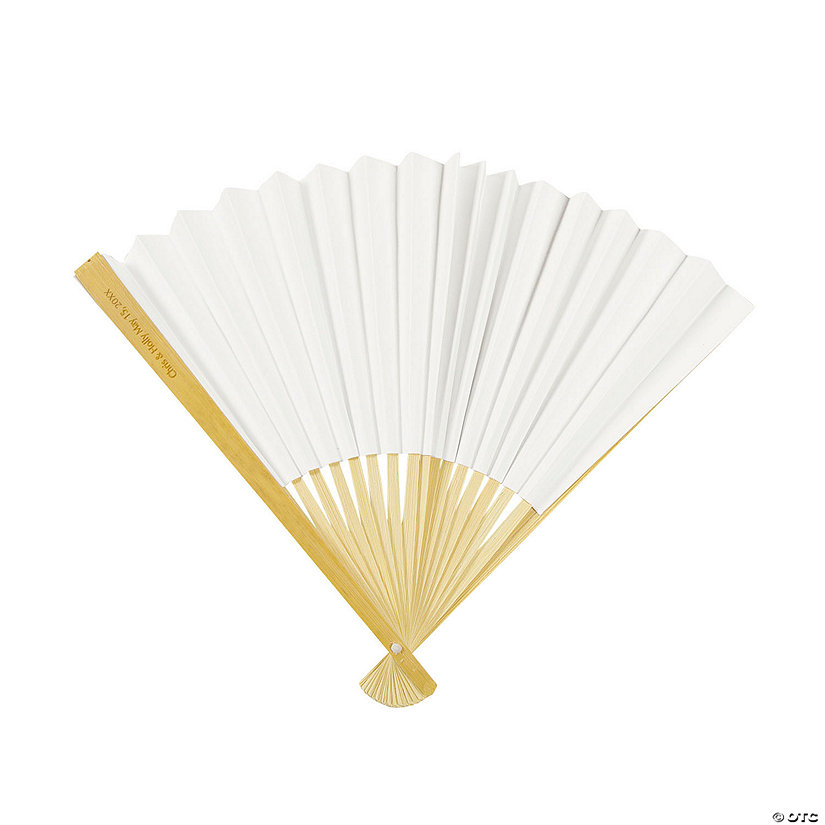 White Wedding Folding Hand Fans with Personalized Handle - 12 Pc. Image Thumbnail