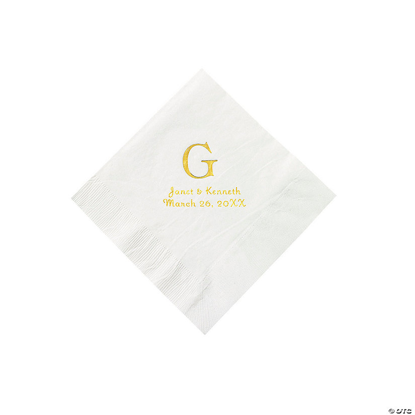 White Wedding Monogram Personalized Napkins with Gold Foil Beverage