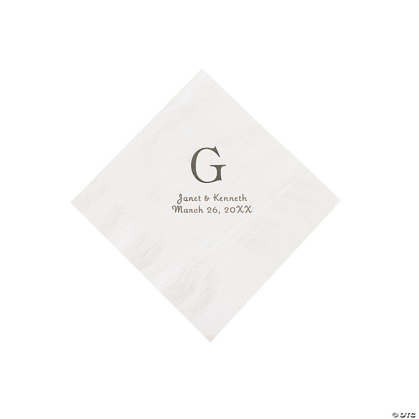 White Wedding Monogram Personalized Napkins with Silver Foil - Beverage Image