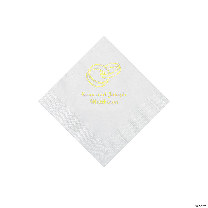 White Wedding Ring Personalized Napkins with Gold Foil - 50 Pc. Beverage Image