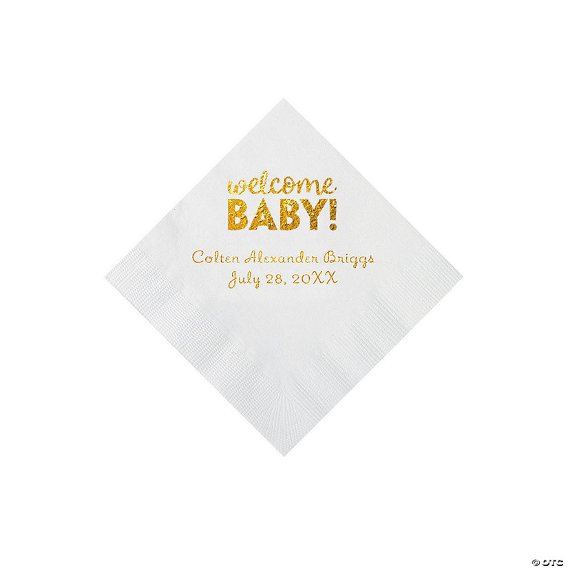 White Welcome Baby Personalized Napkins with Gold Foil - 50 Pc. Beverage Image