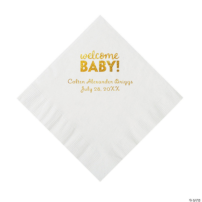 White Welcome Baby Personalized Napkins with Gold Foil - 50 Pc. Luncheon Image Thumbnail