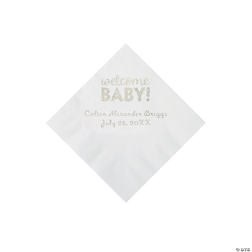 White Welcome Baby Personalized Napkins with Silver Foil - 50 Pc. Beverage Image Thumbnail