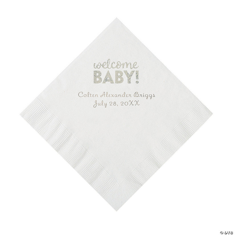 White Welcome Baby Personalized Napkins with Silver Foil - 50 Pc. Luncheon Image Thumbnail