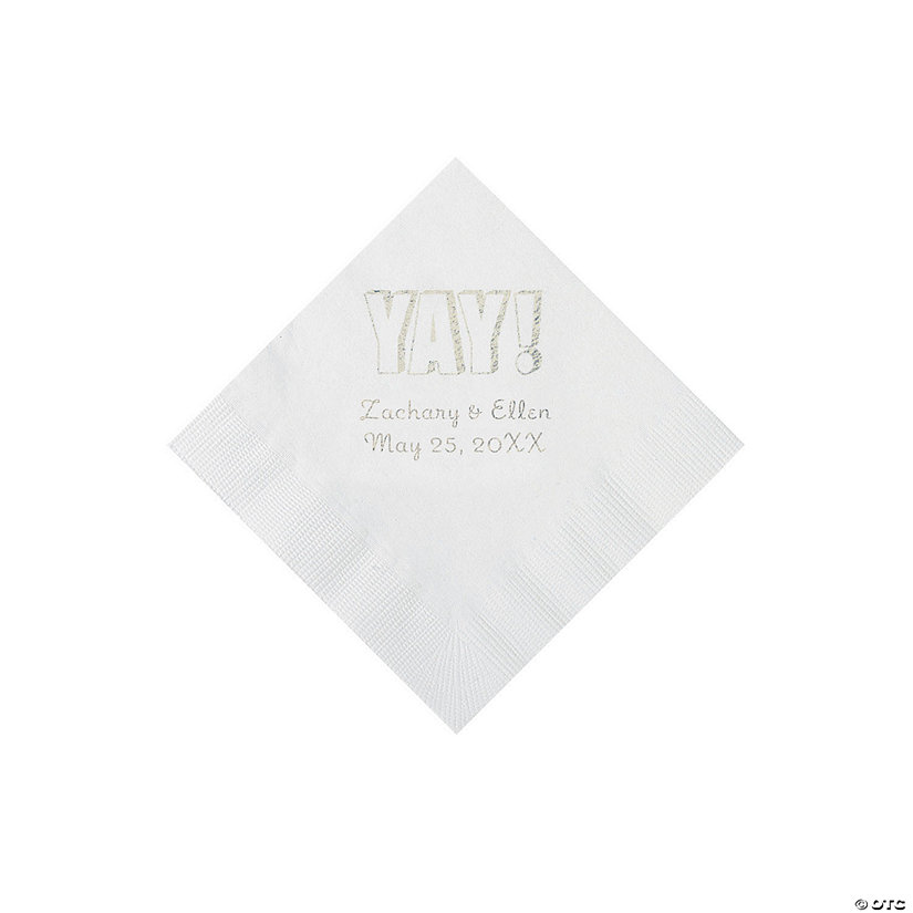 White Yay Personalized Napkins with Silver Foil - Beverage Image