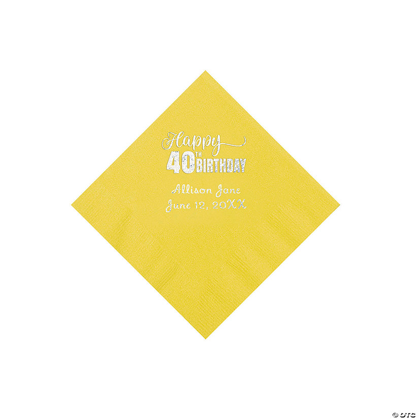 Yellow 40th Birthday Personalized Napkins with Silver Foil - 50 Pc. Beverage Image
