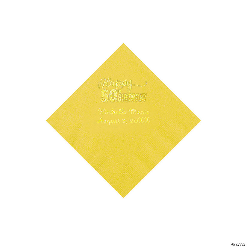 Yellow 50th Birthday Personalized Napkins with Gold Foil - 50 Pc. Beverage Image