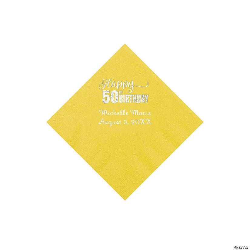 Yellow 50th Birthday Personalized Napkins with Silver Foil - 50 Pc. Beverage Image Thumbnail