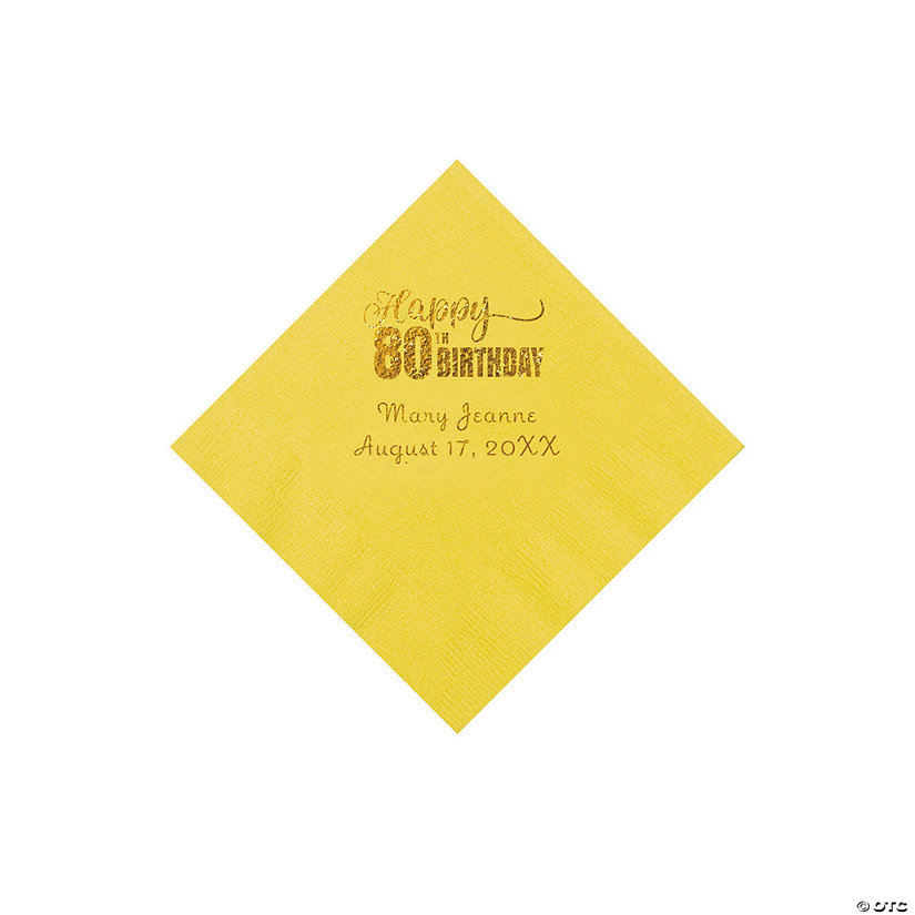 Yellow 80th Birthday Personalized Napkins with Gold Foil - 50 Pc. Beverage Image