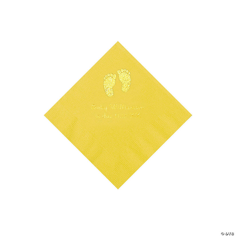 Yellow Baby Feet Personalized Napkins with Gold Foil - 50 Pc. Beverage Image