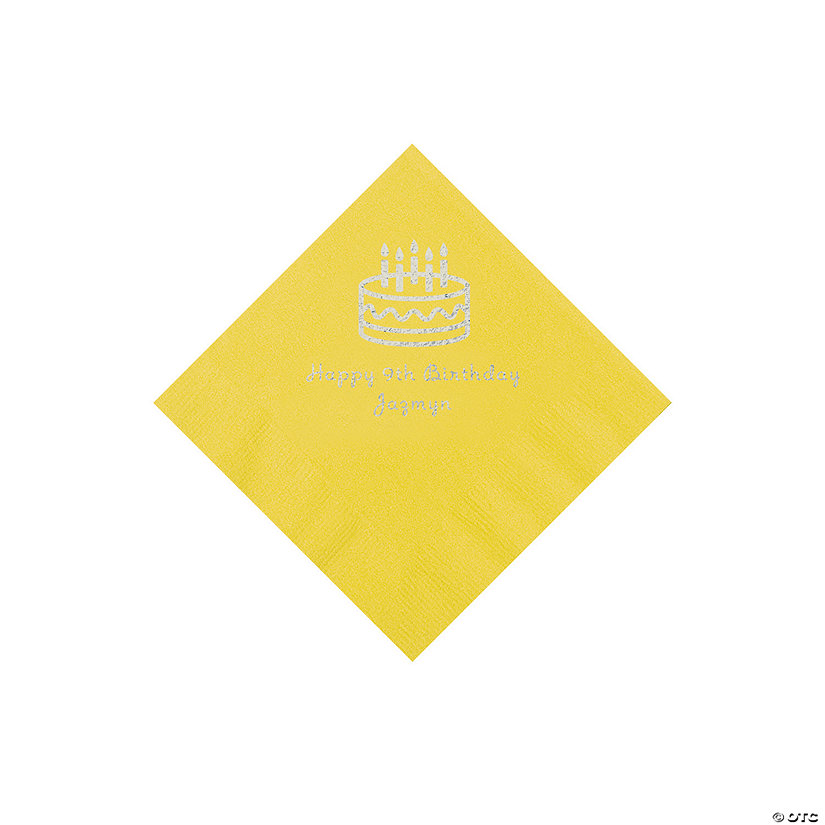 Yellow Birthday Cake Personalized Napkins with Silver Foil - 50 Pc. Beverage Image Thumbnail