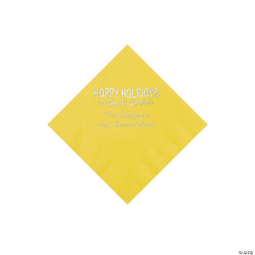 Yellow Happy Holidays Personalized Napkins with Silver Foil &#8211; Beverage Image Thumbnail