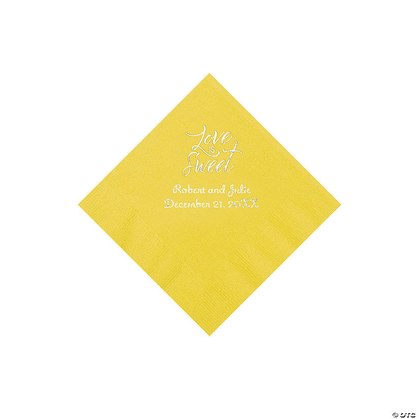 Yellow Love Is Sweet Personalized Napkins with Silver Foil - Beverage Image Thumbnail