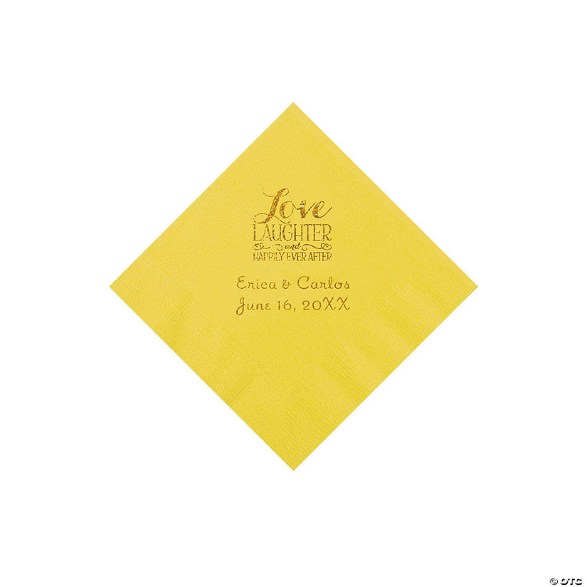 Yellow Love Laughter & Happily Ever After Personalized Napkins with Gold Foil - Beverage Image Thumbnail
