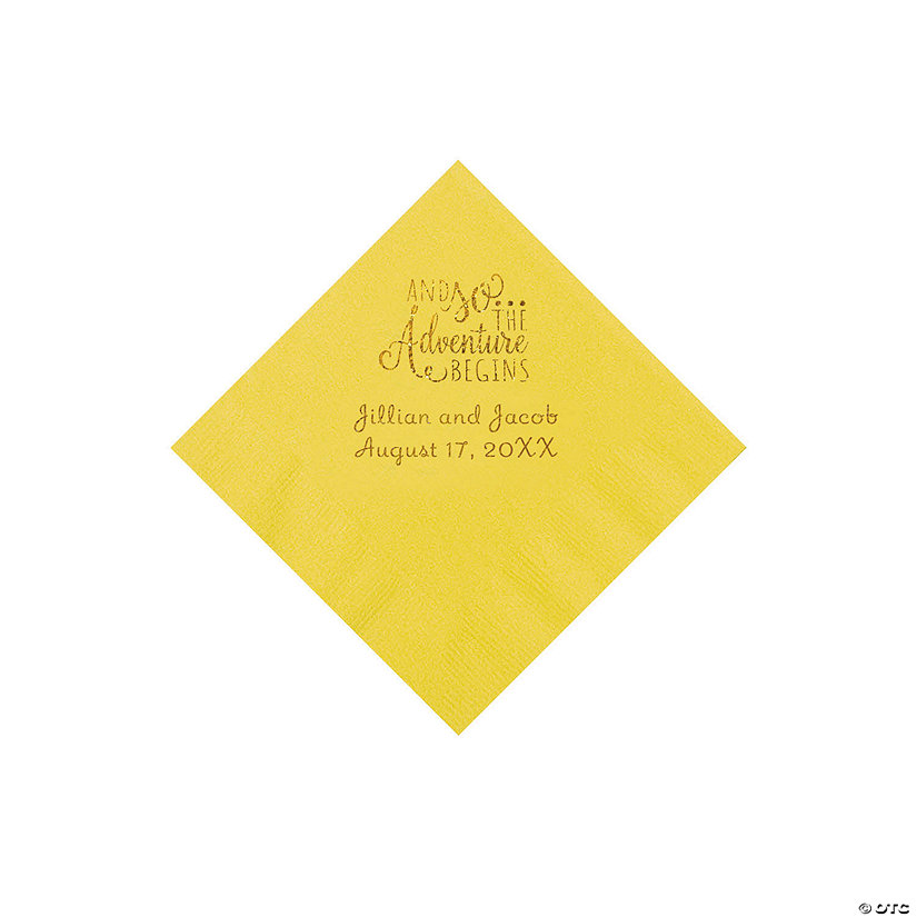 Yellow The Adventure Begins Personalized Napkins with Gold Foil - Beverage Image Thumbnail