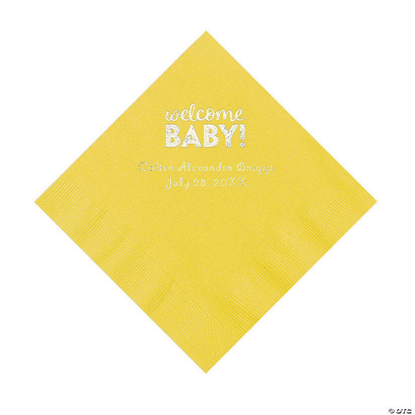 Yellow Welcome Baby Personalized Napkins with Silver Foil - 50 Pc. Luncheon Image