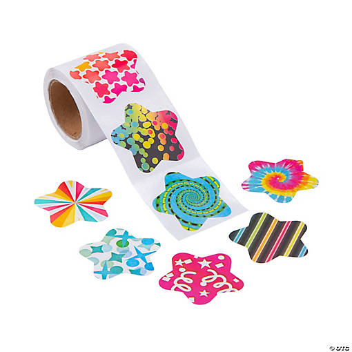 1 1/2" Funky Pattern Star Multicolor Paper Sticker Roll - 100 Pc.