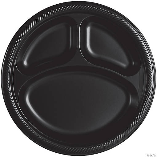 10" Black Disposable Three-Section Round Plastic Dinner Plates - 20 Ct.