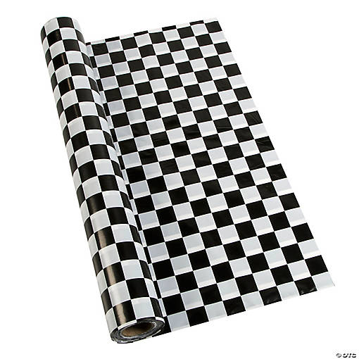 102 Ft. Black &amp; White Checkered Disposable Plastic Table Roll