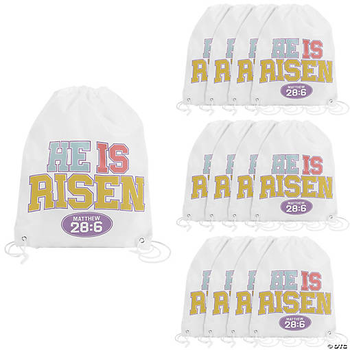 14" x 18" Large Religious Easter He Is Risen Polyester Drawstring Backpacks - 12 Pc.