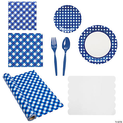 185 Pc. Blue Gingham Party Disposable Tableware Kit for 24 Guests