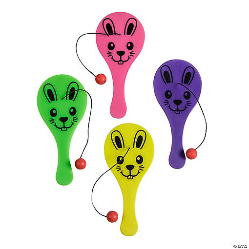 2" x 4 3/4" Bulk 48 Pc. Mini Easter Bunny Plastic Paddleball Games