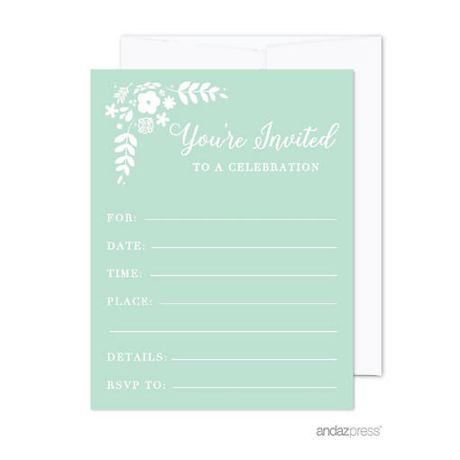 20 Floral Mint Party Invitations