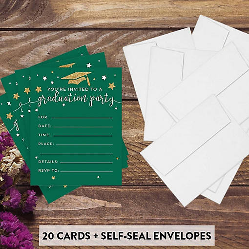 20 Gold/Emerald Graduation Invitations