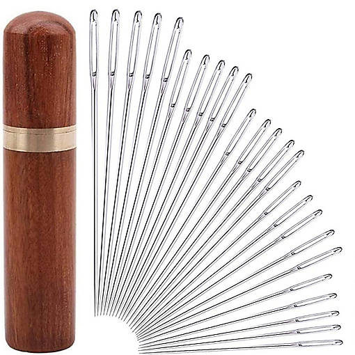 25 Hand Sewing Needles with Big Eyes, Sharp Tips, and Solid Wood Needle Case for Easy Storage