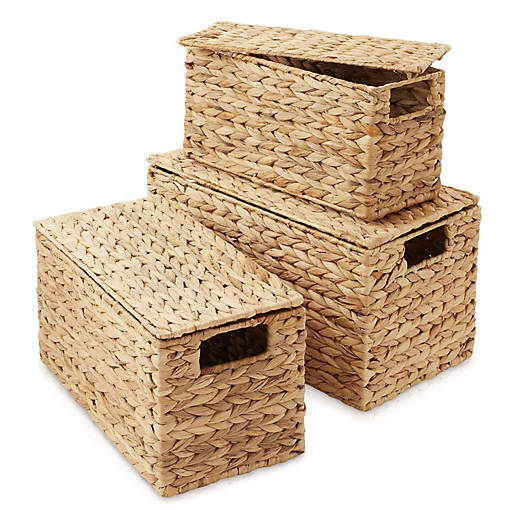 3-Piece Hyacinth Nesting Basket Set, Stacking Storage Wicker Bins With Lids