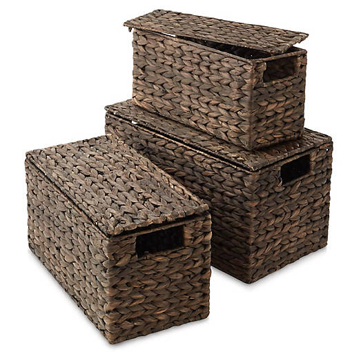 3-Piece Hyacinth Nesting Basket Set, Stacking Storage Wicker Bins With Lids