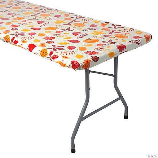 30" x 8 Ft. Fall Leaves Fitted Rectangular Disposable Plastic Tablecloth