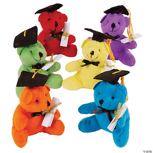 4 1/2" Graduation Multicolor Stuffed Bears with Cap - 12 Pc.