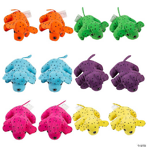 4" Mini Spotted Neon Solid Color Stuffed Dogs - 12 Pc.