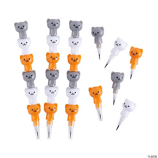 5 3/4" Stacking Cat Multicolor Plastic Pencils - 12 Pc.