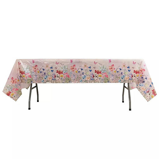 5 Blush Rectangular 54" x 108" Plastic Tablecloths with Butterfly Floral Print
