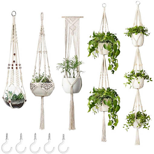 5-Pack Macrame Plant Hangers - Indoor Hanging Baskets with Hooks