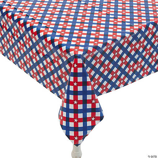 54" x 108" Patriotic Gingham Rectangle Disposable Plastic Tablecloth