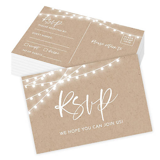 56-Pack RSVP Postcards Rustic String Lights Cardstock Response Reply Cards