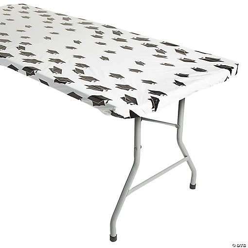 72" x 30" Graduation Caps Rectangle Fitted Disposable Plastic Tablecloth