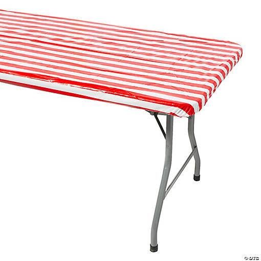 8 Ft. Red Striped Rectangle Fitted Disposable Plastic Tablecloth