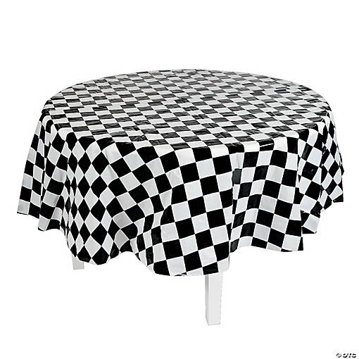 82" Black &amp; White Checkered Round Plastic Tablecloth