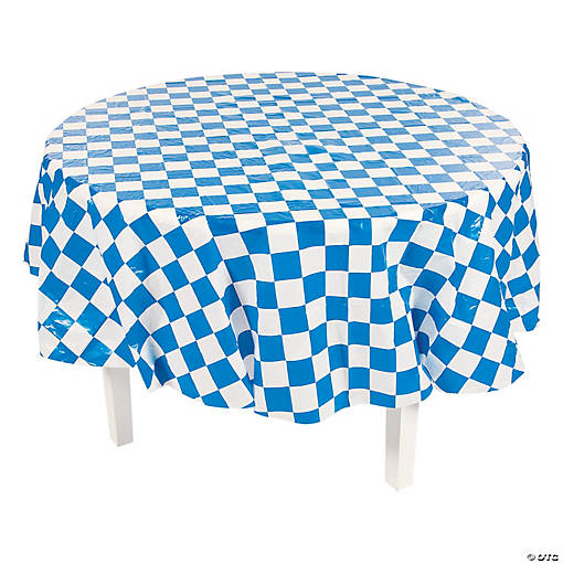 82" Blue &amp; White Checkered Round Plastic Tablecloth