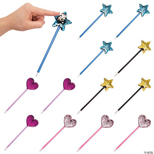 9" Solid Color Plastic Pens with Reversible Sequin Toppers - 12 Pc.