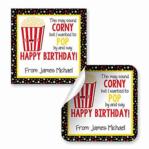 AmandaCreation Personalized Corny Popcorn Gift Tag Stickers 24pc.