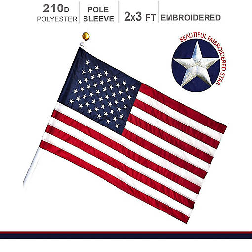 American Flag 210D Embroidered Polyester 2x3 Ft  with Pole Sleeve