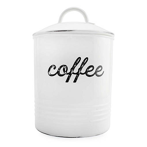 AuldHome Enamelware White Coffee Canister; Rustic Distressed Style Tea Storage for Kitchen